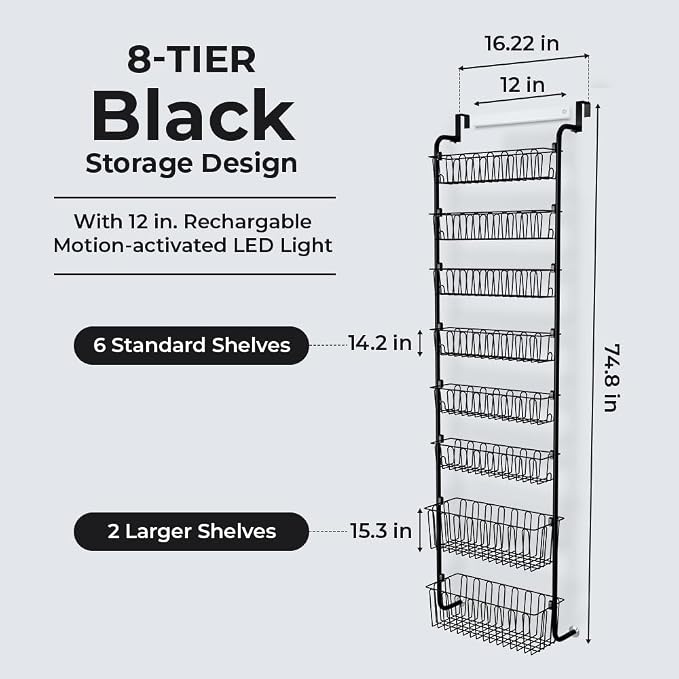 Over Door Organizer Storage - 8 Tier Black Metal Over the Door Pantry Organizer Heavy Duty Hanging Storage Rack, Behind Cabinet Shelves for Home, Kitchen, Bathroom, Closet, Pantry.