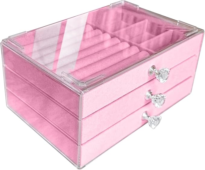 Clear Acrylic Velvet Jewelry Organizer with 3 Drawers, Stackable Display Storage Earrings Necklace Rings Bracelets Box Holder Case for Women, Pink