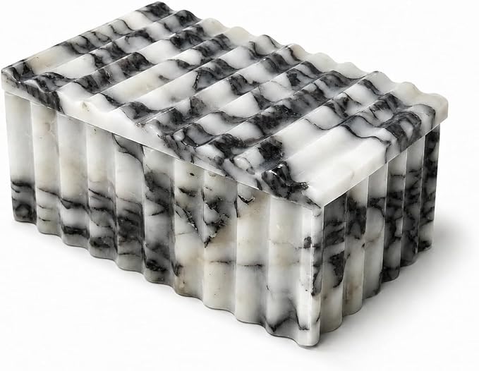 Marble Storage Box with Lid, White Purple Wave Organizer | Lidded design, wave texture, purple-gray veining varies, accessories not included