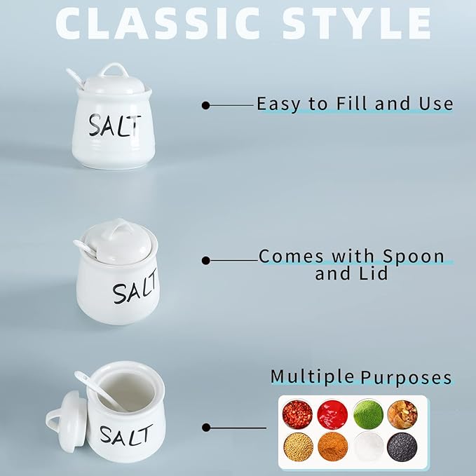 HAOTOP Salt Bowls with Lid and Spoon -12 oz Ceramic Salt Cellar, Salt Containers, Spice Box for Counter, Farmhouse Kitchen Decor, White