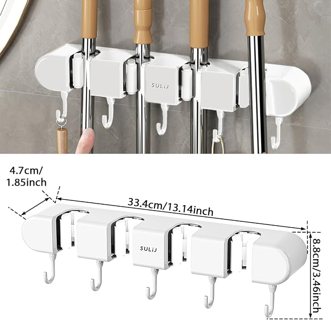 2Pcs Broom Holder Wall Mount, No-Drilling Self-Adhesive Mop and Broom Storage Rack with Hooks (4 Racks with 5 Hooks), Wall-Mounted Broom Hanger for Bathroom, Kitchen, Closet, Garage (White ﻿)