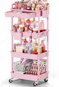 Goovilla Rolling Makeup Organizer Cart with Removable Drawer, 4 Tier Stable Pink Floor Skincare Storage Cart for Vanity, Cosmetic Display, Nail Polish, Perfume, Hair Stuff, Beauty, Bathroom(Plastic)