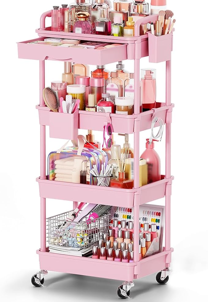 Goovilla Rolling Makeup Organizer Cart with Removable Drawer, 4 Tier Stable Pink Floor Skincare Storage Cart for Vanity, Cosmetic Display, Nail Polish, Perfume, Hair Stuff, Beauty, Bathroom(Plastic)