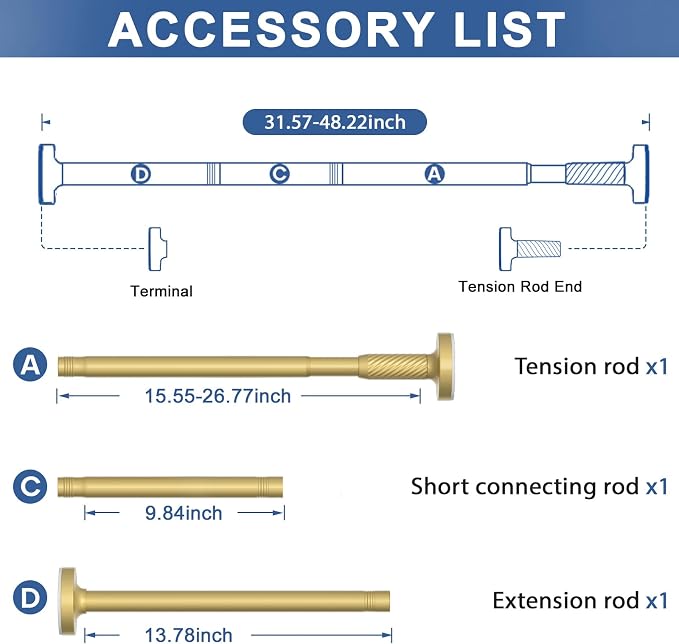 Tension Curtain Rod 32-48Inch Gold Shower Rod Tension Rod Adjustable Curtain Rods no Drilling Curtain Rods for Windows,Closets,Doorway