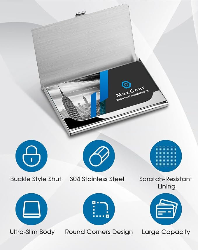 MaxGear Stainless Steel Business Card Holder, Slim Card Case, Silver Mirror | Soft Interior Lining, Buckle Closure, Fits Standard Business Cards and Credit Cards