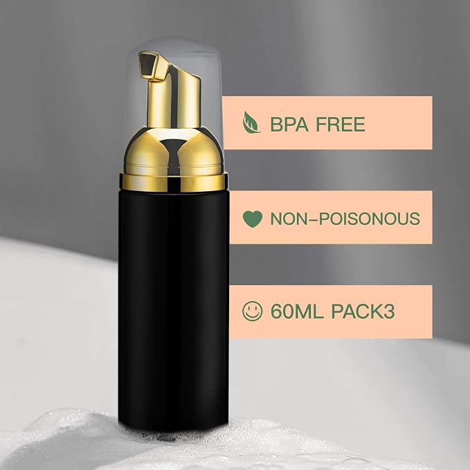 Travel Foam Pump Bottle - 2oz Small Size Foaming Hand Soap Dispenser - Mini Portable Mousse Lash Shampoo Kit Container for Hair - Empty Leak Proof Plastic Gold&Black Foamer 30Pack