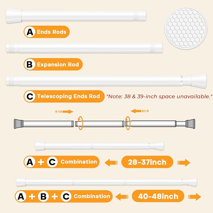 2PCS White Tension Rods for Windows 28 to 48 Inch,No Slip Tension Curtain Rod Adjustable Curtain Rods Spring Curtains Rod No Drill Spring Loaded Curtains Rods for Closet, Window, Doorway