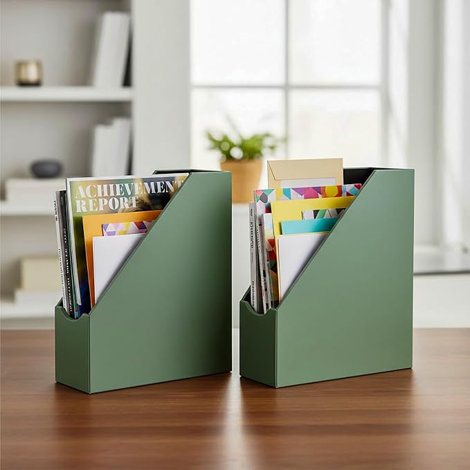 UnionBasic Magazine File Holder, Leatherette Desktop Document Organizer, Home Office Paper Holder File Storage Literature Sorter, Malachite Green