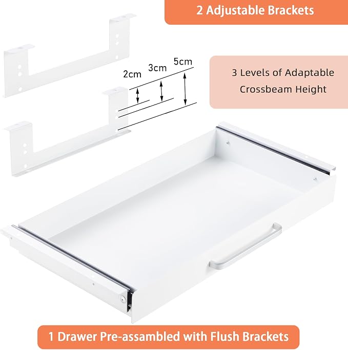 Under Desk Drawer Organizer 21" White Upgrade with Adjustable Brackets, Sliding Pull-Out Under Table Pencil Drawer, Office Standing Desk Attachment for Workbench | White, Under Cabinet Table, Heavy Duty Pull Out Shelf, Attachable for Workbench, Adjusta...