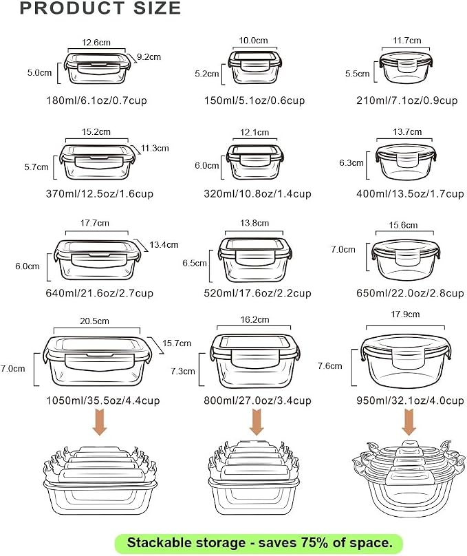 S SALIENT Airtight Meal Prep Containers for Food Storage [24 Piece] Leak Proof, Glass Bento Boxes for Lunch (12 lids & 12 Containers)