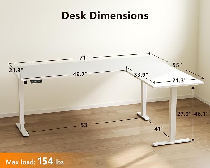 Casaottima 71 Inch L Shaped Electric Standing Desk, Home Office, White | Reversible Corner Desk with Height Adjustment, Ergonomic Sit Stand Table for Home Office, Computer Workstation