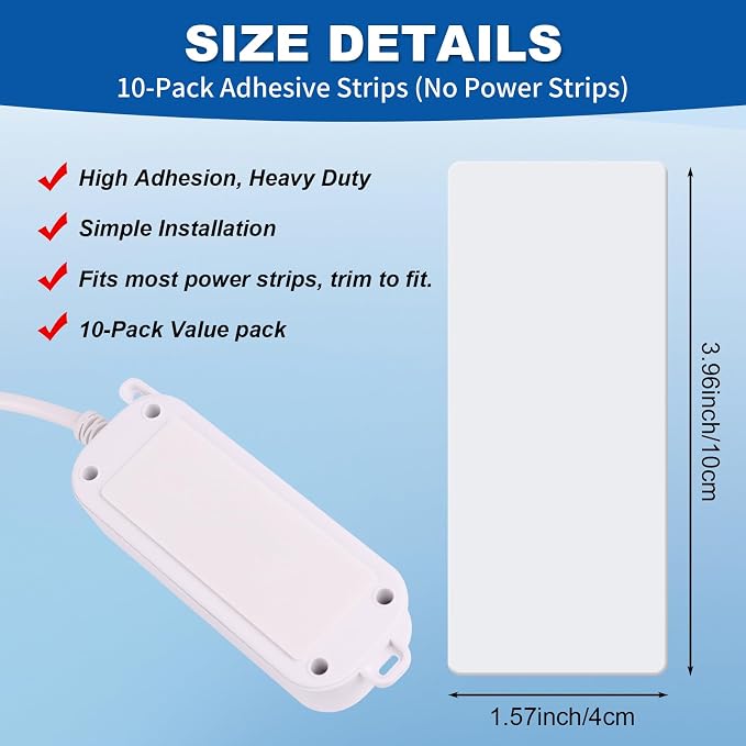 10-Pack Self-Adhesive Mounting Strips for Power Strips – 3.95” x 1.58”, Punch-Free Wall Socket Holder for Home, Kitchen, and Office, Adhesive Only