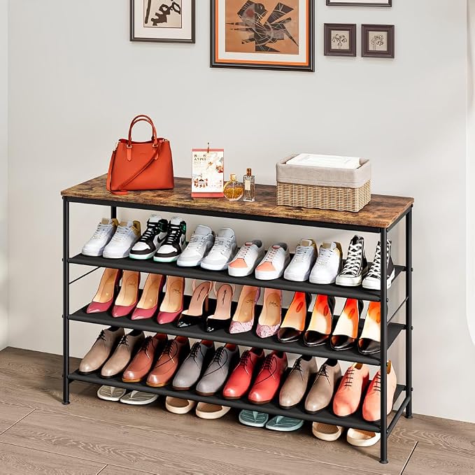 INGIORDAR 4 Tier Long Metal Shoe Rack Storage Organizer for Closet Entryway | Spacious design Shoe Shelf stores 24 Pairs of Shoes for Closet Entryway Bedroom Living Room Garage Black+Rustic Brown