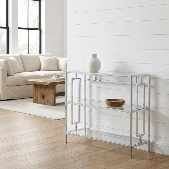 Furnifact Chrome 3-Tier Bookcase with Stylish Glam Design, Clear Glass Shelves, Durable Chrome Frame, Suitable for Modern Home Decor