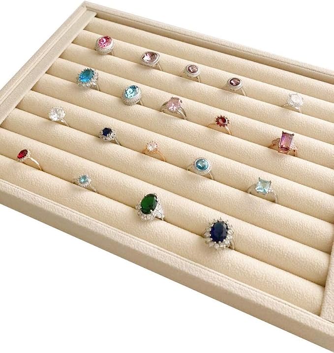 Premium Grade Beige Velvet Jewelry Organization Tray for Rings Drawer Insert Divider Closet Organizer
