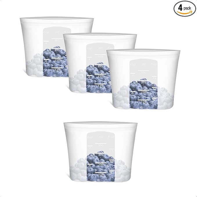 Reusable Snack Bags, 4 Pack, Stand Up 100% Silicone Reusable Storage Bag, Ziplock Silicone Food Storage Containers Snack Size, Freezer Microwave Oven Dishwasher Safe, Translucent, 16oz