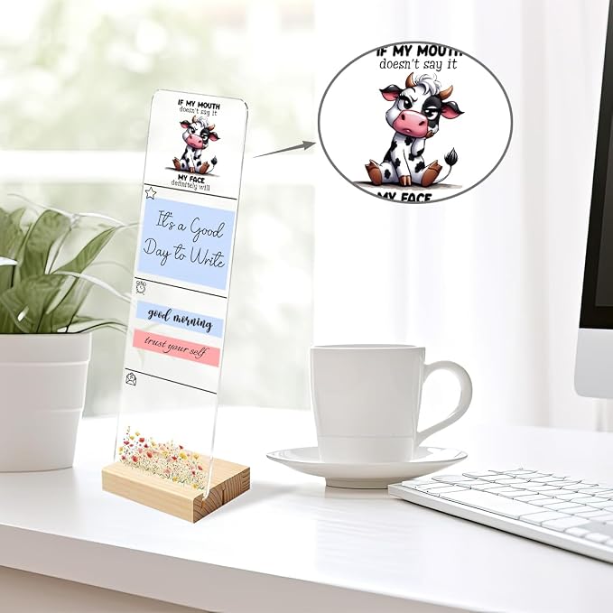 Sticky Note Holder, Monitor Memo Board, Acrylic Post It Note Holder with Wooden Base, Includes 200 Notes, Desk Organizer, Funny Cow Quote “If My Mouth Doesn’t Say It”