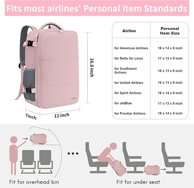 Taygeer Travel Backpack for Women, TSA Carry On Backpack Flight Approved | 15.6inch Laptop Mochila with Water Bottle Pocket & Shoe Pouch, Nurse Bag Casual Daypack for Weekender Business Hiking, Pink