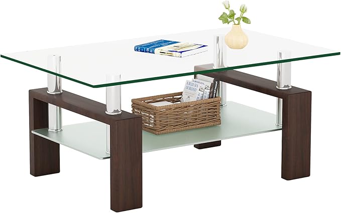 Meihua Rectangle Glass Coffee Table for Living Room, Modern Center Table Metal Tube Legs for Home Office (Brown)