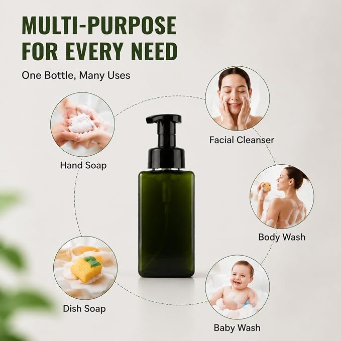 TMLECE 15oz/450ml Square Glass Style Foaming Soap Dispenser Bottles(4 Pack) | BPA-Free PETG, Rich Lather Foam Pump, Leak-Proof Pumps for Hand Soap, Dish Soap & Body Wash, Green