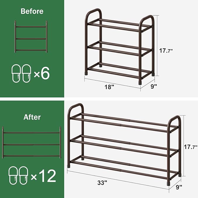kiplant Expandable Shoe Rack for Closet, 3-Tier Shoe Organizer for Closet, Metal Adjustable Black Shoe Shelf Storage Organizer, Free Standing Shoe Rack for Entryway