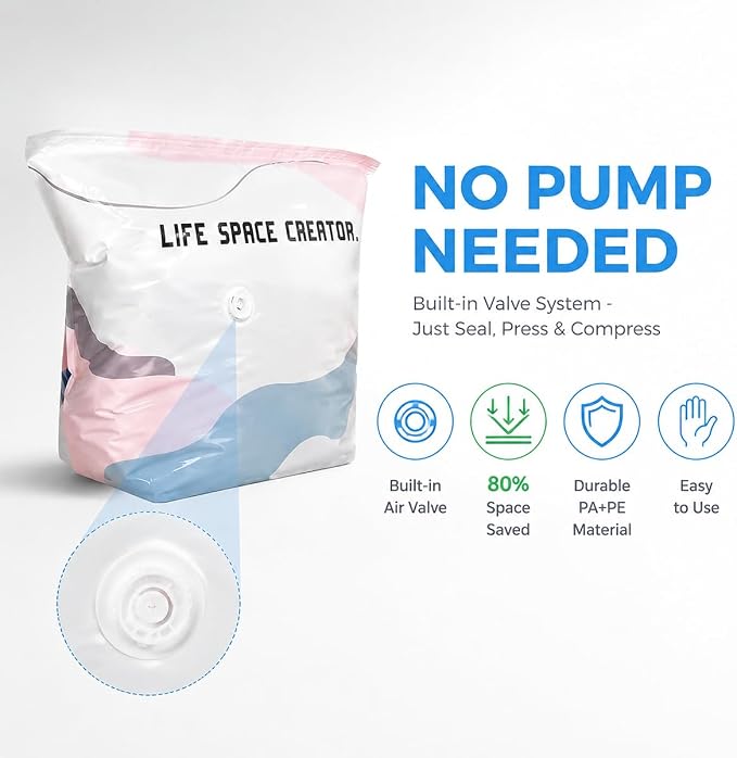 2Pcs (L/XL) No Pump Vacuum Storage Bags, Cube Compression Space Saver Bags for Clothes, Comforters, Blankets, Pillows and Bedding, Reusable Vacuum Seal Storage Bags
