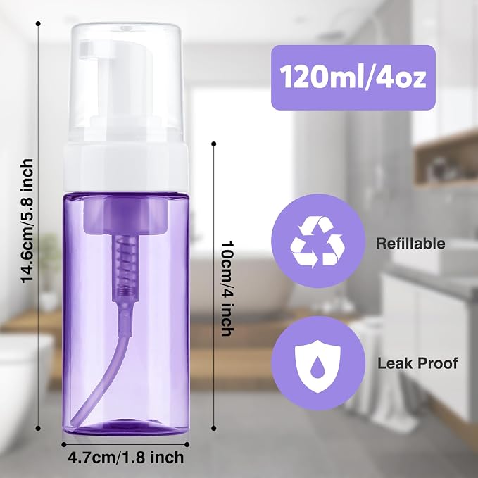Foam Pump Bottle 4oz 2 Pack Small Plastic Refillable Foaming Bottles | Empty Leak Proof Foaming Soap Dispenser for Shampoo, Hand Soap, Body Wash, Face Wash (120ml)