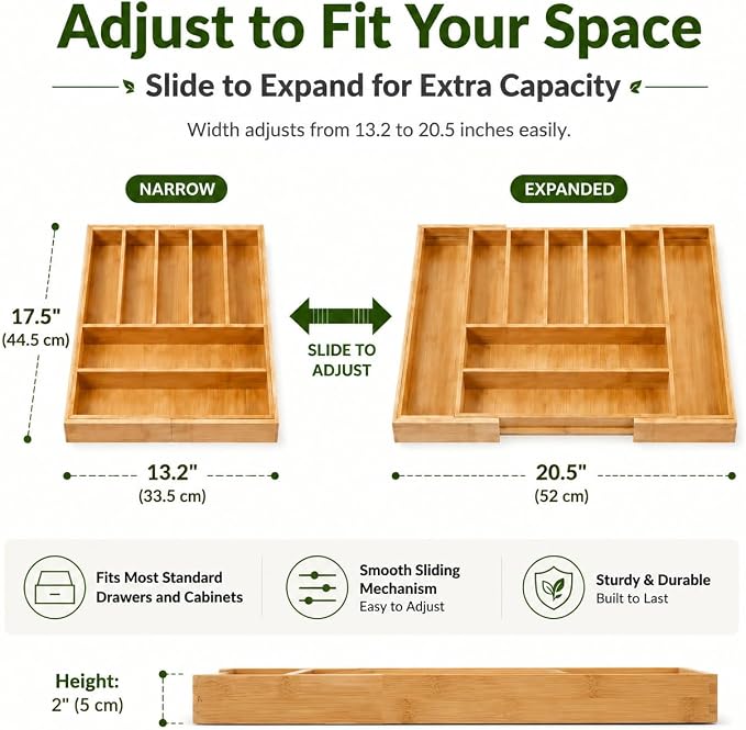 FUSHITON Expandable Bamboo Knife Storage Box, 9 Compartments, Adjustable Drawer Divider for Kitchen