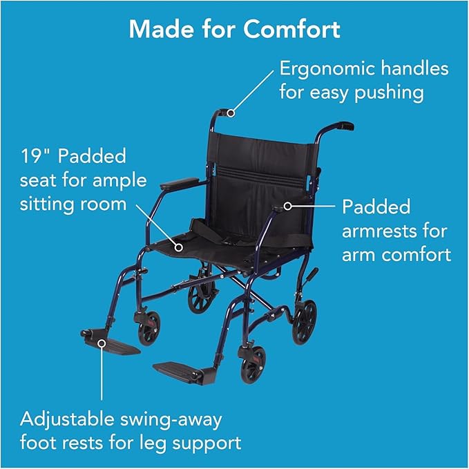 Carex Transport Wheelchair with Cushion, 19 inch Seat - Folding Transport Chair with Foot Rests