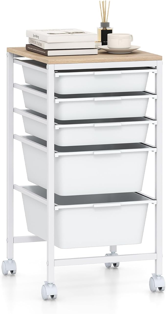 GOFLAME 5-Drawer Rolling Storage Cart, Craft Storage Cart with Wooden Tabletop and Lockable Wheels, Art Cart Supply Storage Organizer with Metal Frame for Home Office Classroom, White