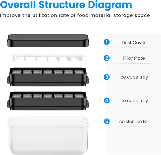 0.8“ Ice Cube Tray with Lid and Bin, PHINOX 56 Cubes Ice Trays for Freezer, Ice Cube Trays for Freezer with 2 trays, Container, Lid & Ice Scoop, BPA Free, Black(28Cubes/Tier)