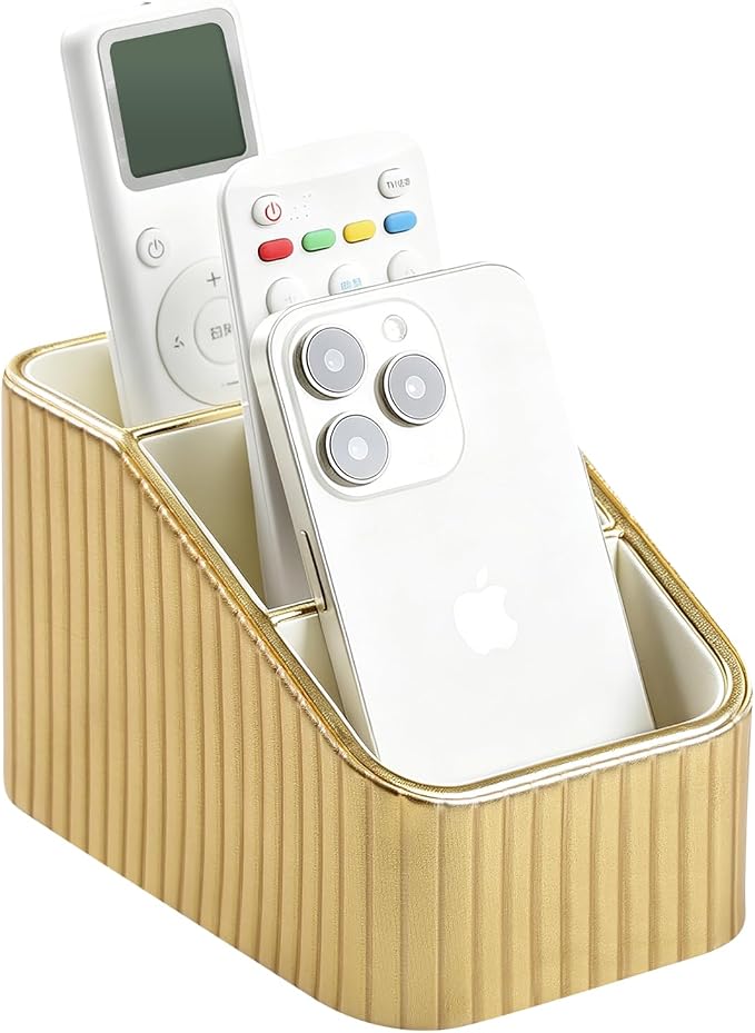 Remote Control Holder, PU Leather Nightstand Organizer, Gold | 3-compartment Remote Bedside Caddy, Soft Velvet Lining, Small Desk Organizer for Remote/Pen/Glasses/Phone