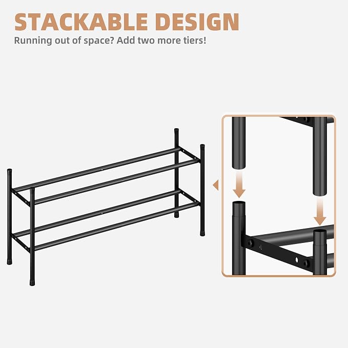 STORAGE MANIAC Long Expandable Shoe Rack, 6 Pairs Metal Wide Stackable Shoe Rack, Adjustable Shoes Shelf, Freestanding Shoes Organizer for Closet, Entryway, Hallway, Garage, Front Door, 1 Tier