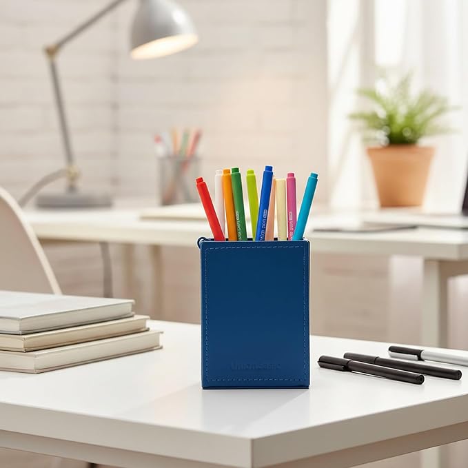 UnionBasic Square Pen Holder, Leather Pencil Cup, Desktop Caddy Stationery Organizer, True Blue