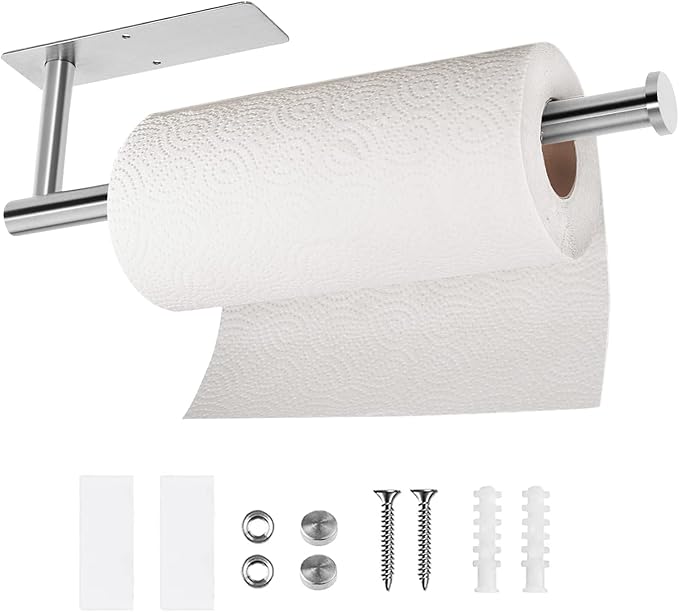 Paper Towel Holder for Kitchen - Under Cabinet Paper Towel Holder Adhesive Paper Roll Rack for Bathroom Towel, Wall Mounted Silver Adhesive or Drilling Stailess Steel Towel Holders(Silver)
