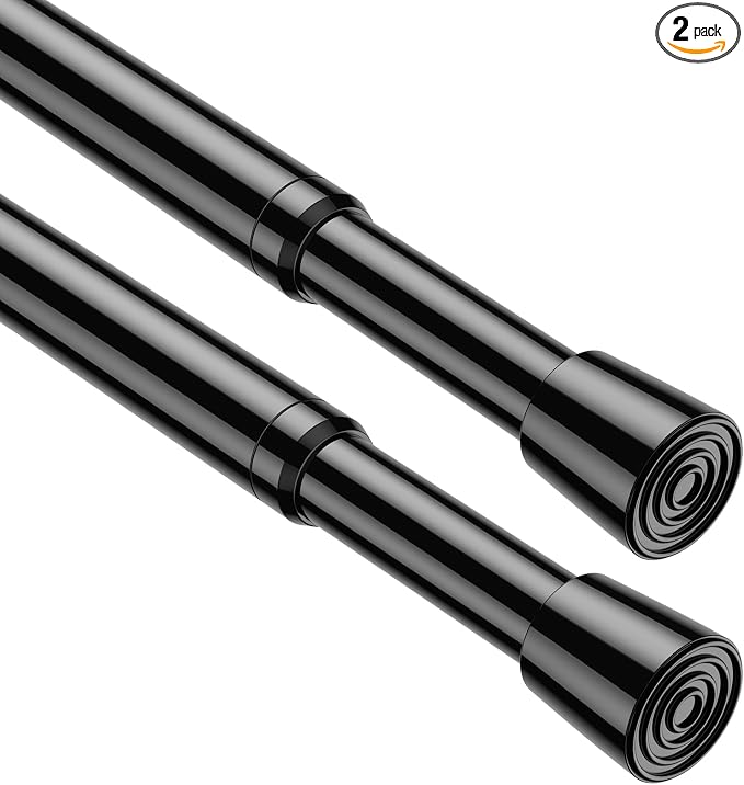Spring Tension Curtain Rods 26-39 Inch Black 2 Pack | No-drill & tool-free setup. Fits windows, kitchens, doorways. Rust-resistant, great for light curtains.