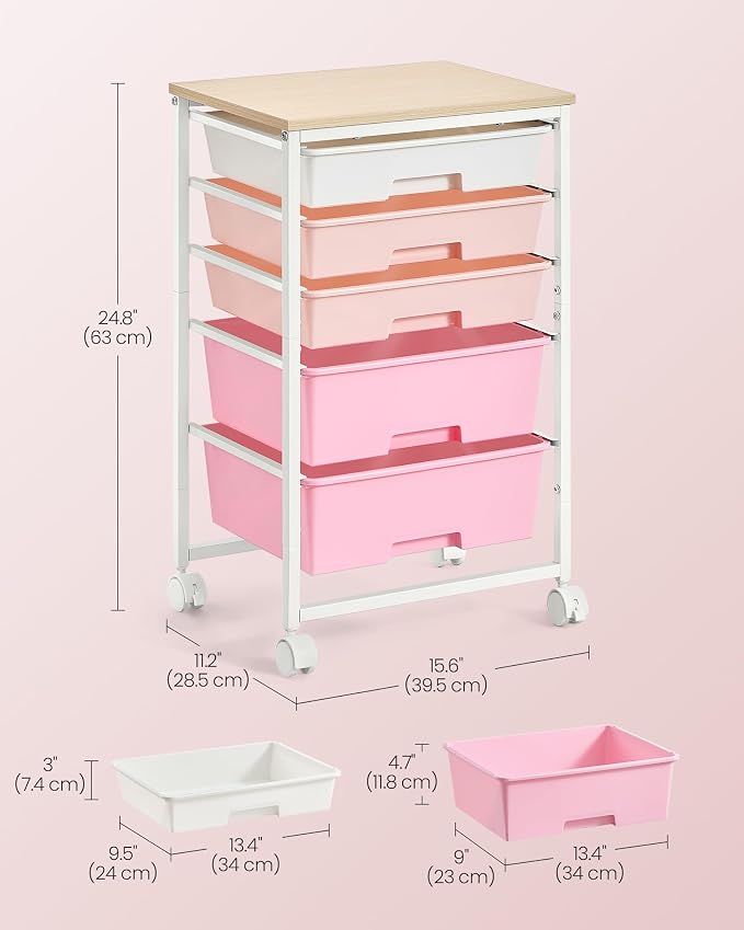 VASAGLE 5-Drawer Rolling Storage Cart, Mobile Organizer Trolley with Wood Top and Metal Frame, for Craft Room, Office, 15.6 x 11.2 x 24.8 inch, Pink, BENCO Collection ULRC005S101