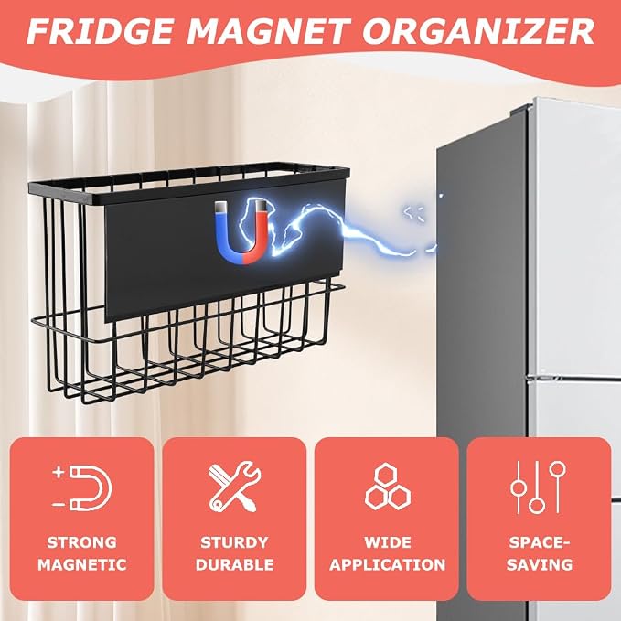 Magnetic Basket Organizers, Dryer Ball Holder Laundry Room Organization Whiteboard Metal Wire Basket with Hooks, Space-Saving Fridge Spice Rack for Sponge Recipe Wrap