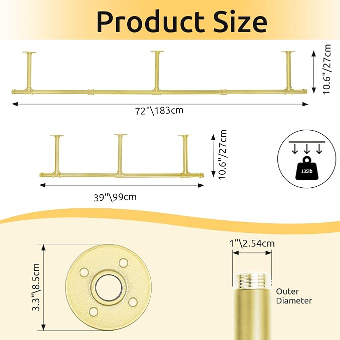 Oroonoko 72inch Industrial Pipe Clothes Garment Rack Ceiling Mount For Hanging Rod Bar for Laundry Room Up to Max Load 135Lb