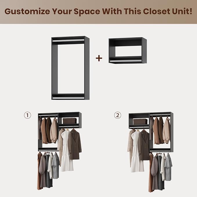 ROOMTEC Modular Closet System, 52" Wall-Mounted Closet Organizer with Hanging Rods, Wooden Tower for Walk-In Closets, Wardrobe Storage Kit, Black