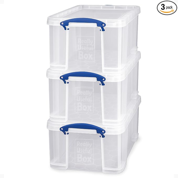 Really Useful Box 3-Pack Clear Stackable Storage Containers with Snap Lids, 32 Liters - Plastic Organizer Bins with Clip-Lock Handles for Home, Bedroom, Closet, Bathroom, Garage, and Office
