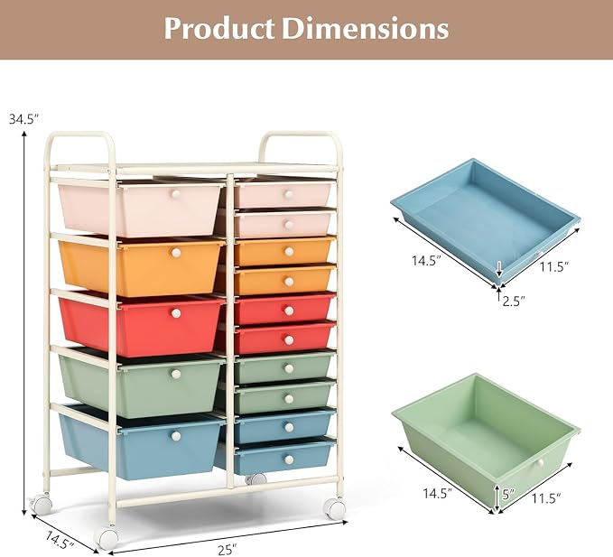 LUARANE Rolling Cart with 15 Drawers, Craft Storage Cart with Portable Handles & Lockable Wheels, Mobile Toys Organizer, Large Capacity Utility Drawer Cart Home Office School Teacher (Macaron)