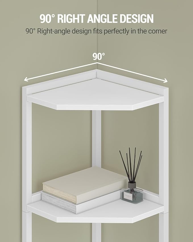 Hzuaneri Corner Shelf Stand, Corner Bookshelf, Storage Standing Shelf Unit with Metal Frame, Plant Stand, Bookcase for Living Room, Home Office, Bedroom, 5-Tier White CS05913W