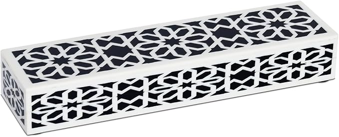 Handicrafts Home Decorative Storage Box with Lid, Black White Shiraz Geometric Pattern Remote Holder, Slim Coffee Table Box, Persian Rosette Lattice Organizer for Shelf & Desk, Shiraz 10x2.5x1.5