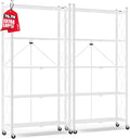 ALANNG 70.7" H Metal Storage Shelves, 5 Tier Folding Shelf on Wheels | Heavy Duty, No Assembly, Rolling, Collapsible Rack Unit for Kitchen, Basement, Pantry (White,2 Pack)