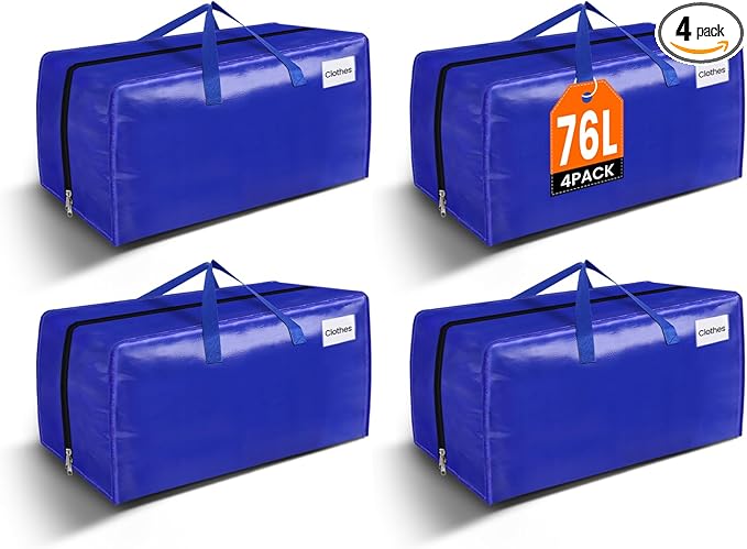 BlissTotes Moving Bags, Heavy Duty Moving Supplies & Storage Bags, Extra Large Packing Bags, Boxes with Tag Pockets, Collapsible Fold Flat Storage Totes, Alternative to Box and Bin, 76L, 4 Packs