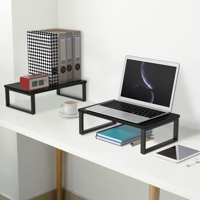 Monitor Riser 2 pack Monitor Stand for Desk Wood, Black | Laptop Stand Riser Wood, Computer Stand for Desk Shelf, for Office Laptop, Desktop Organizers, Easy Installation