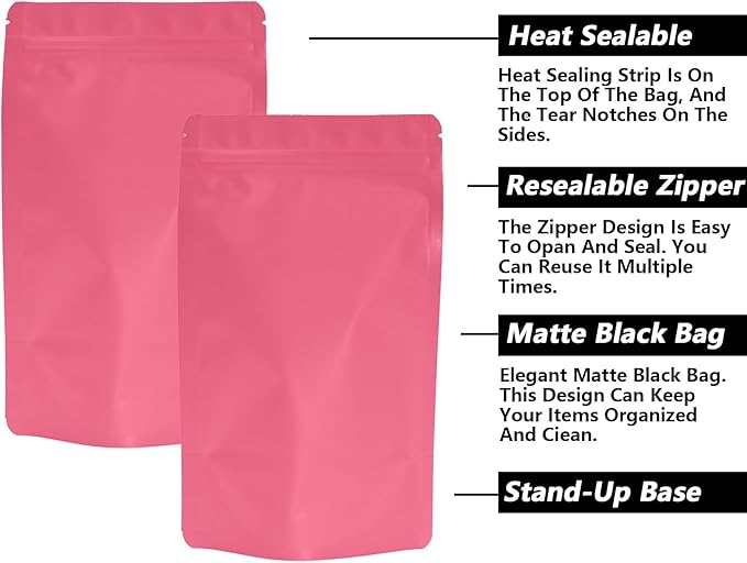 100PCS Smell Proof Resealable Pouch Bags,ULIFESTAR Aluminum Foil Flat Food Storage Bag,Sealable Pcsaging Zipper Pouches with Tear Notches for Pcsaging Lipgloss,Jewelry,etc(12*20cm/4.72*7.87",Pink)