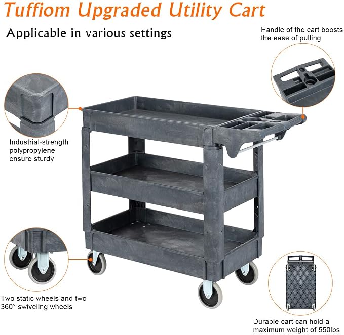 TUFFIOM Plastic Service Utility Cart with Wheels, 550lbs Capacity, Heavy Duty Tub W/Deep Shelves, Multipurpose Rolling 3-Tier Mobile Storage Organizer, for Warehouse Garage Industrial Cart