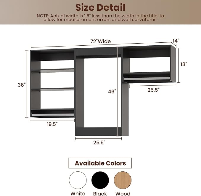 ROOMTEC Modular Closet System, 72" Closet Organizer with Hanging Rods, Wall-Mounted Wooden Tower for Walk-In Closets, Wardrobe Storage Kit, Black